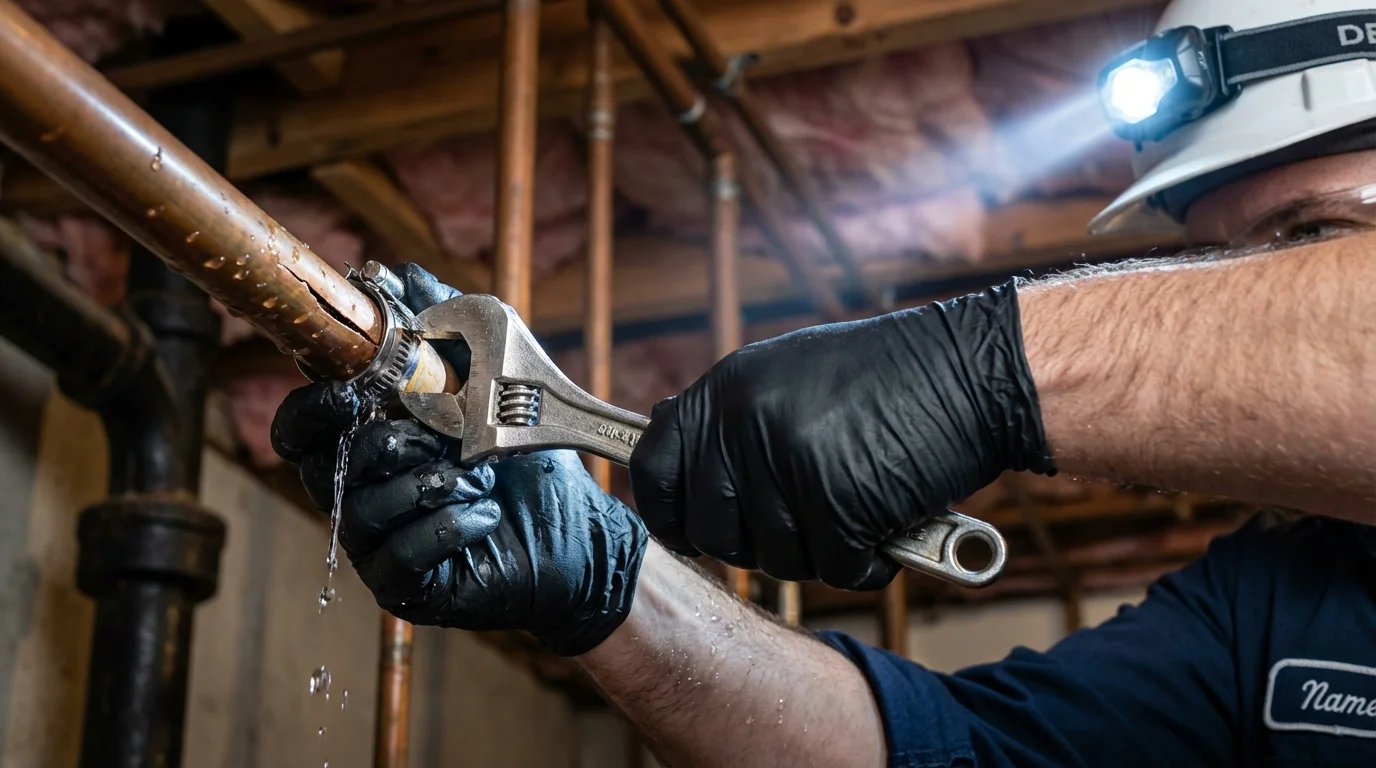 Emergency pipe clamp repair being performed by a Johns Plumbing LLC plumber in Black Canyon City