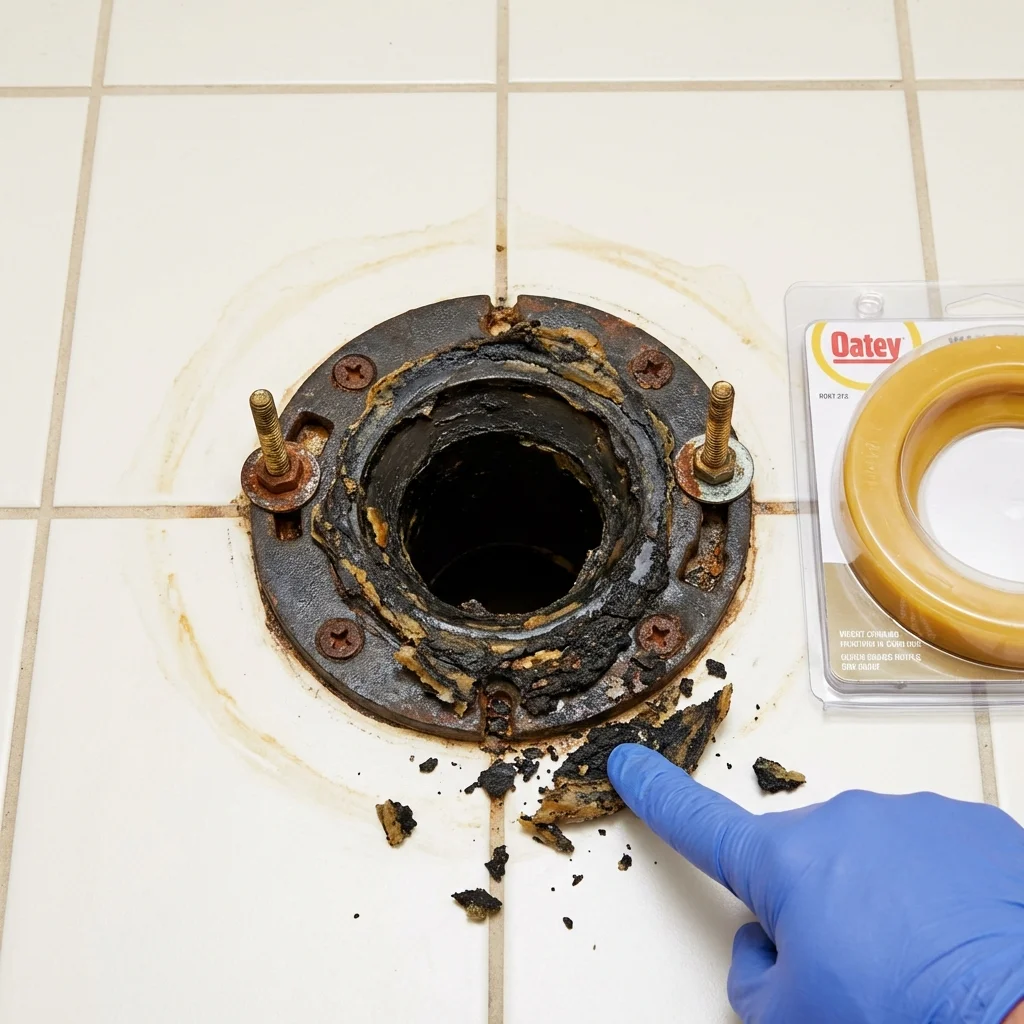 Failed wax ring showing water seepage at the base of a toilet in a Black Canyon City, AZ home