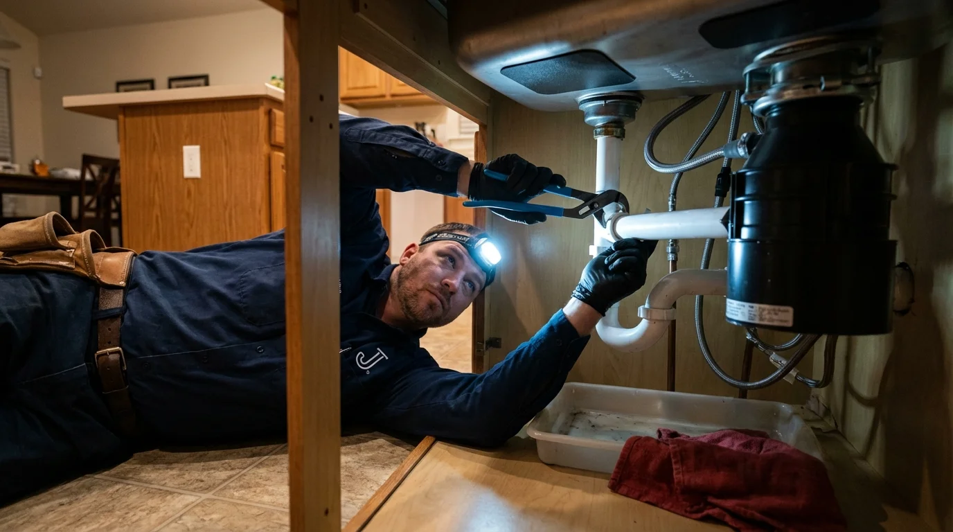 P-trap and supply line connections under a kitchen sink showing a common leak point in Black Canyon City, AZ